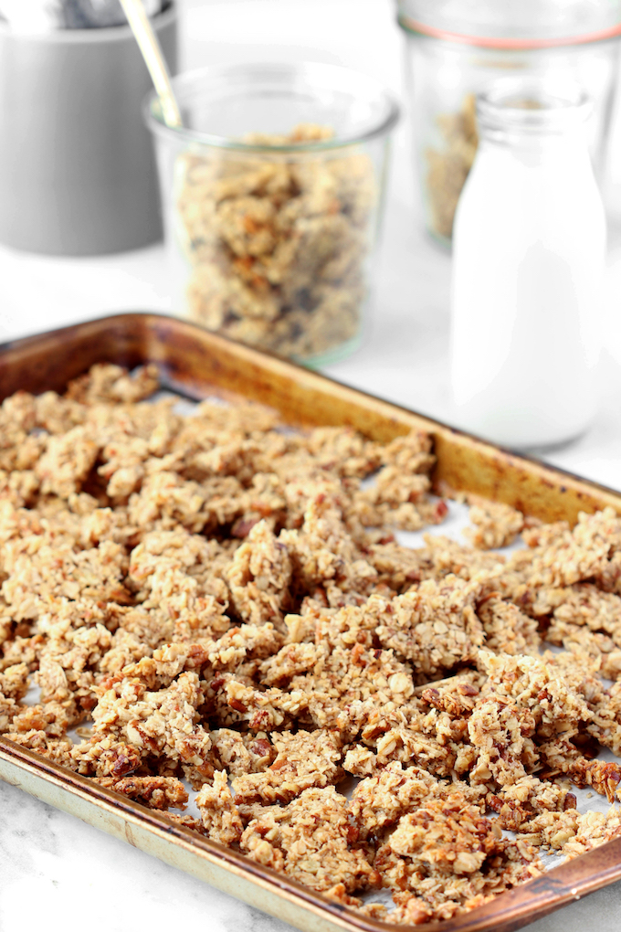 Crunchy Chunky Granola is the perfect combination of salty and sweet. Simple to make, requiring just 7 common ingredients. Make ahead, vegan, and gluten-free friendly means that everyone can enjoy!