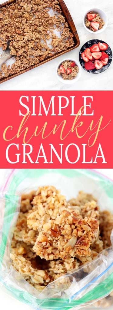 Crunchy Chunky Granola is the perfect combination of salty and sweet. Simple to make, requiring just 7 common ingredients. Make ahead, vegan, and gluten-free friendly means that everyone can enjoy!
