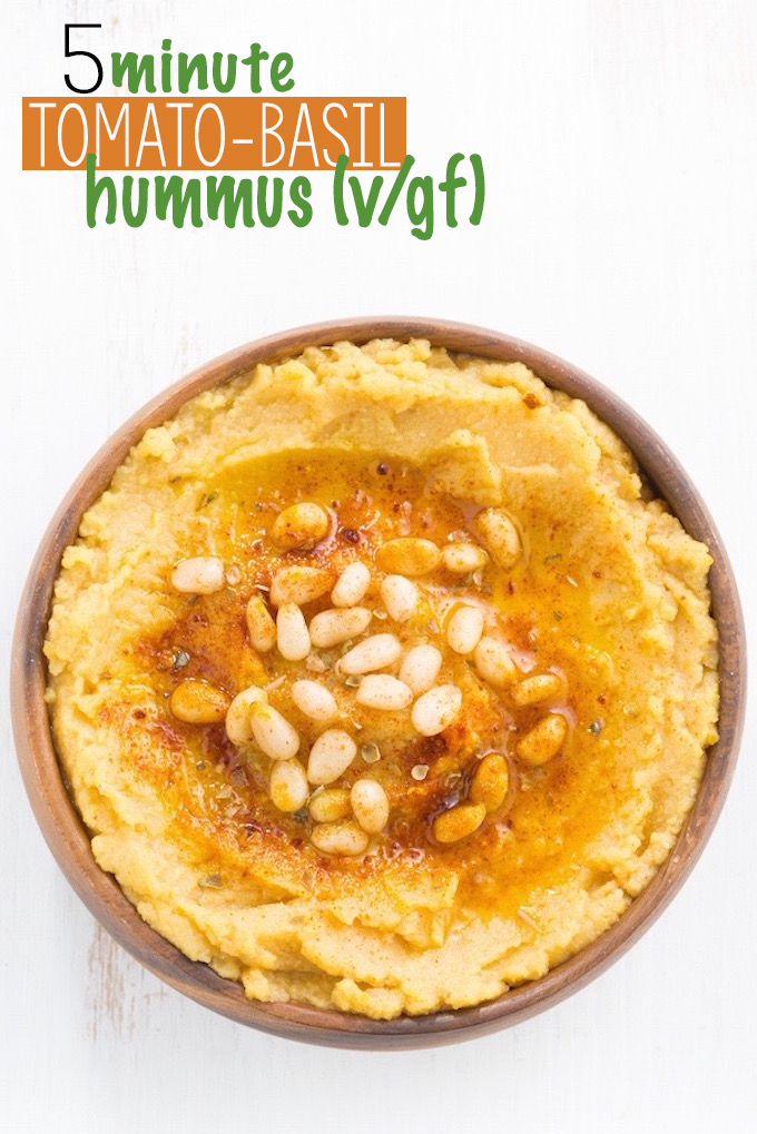 Savory, 10-ingredient Sun-Dried Tomato Basil Hummus with garlic, lemon, and paprika. A creamy, flavorful dip that's perfect for Spring.