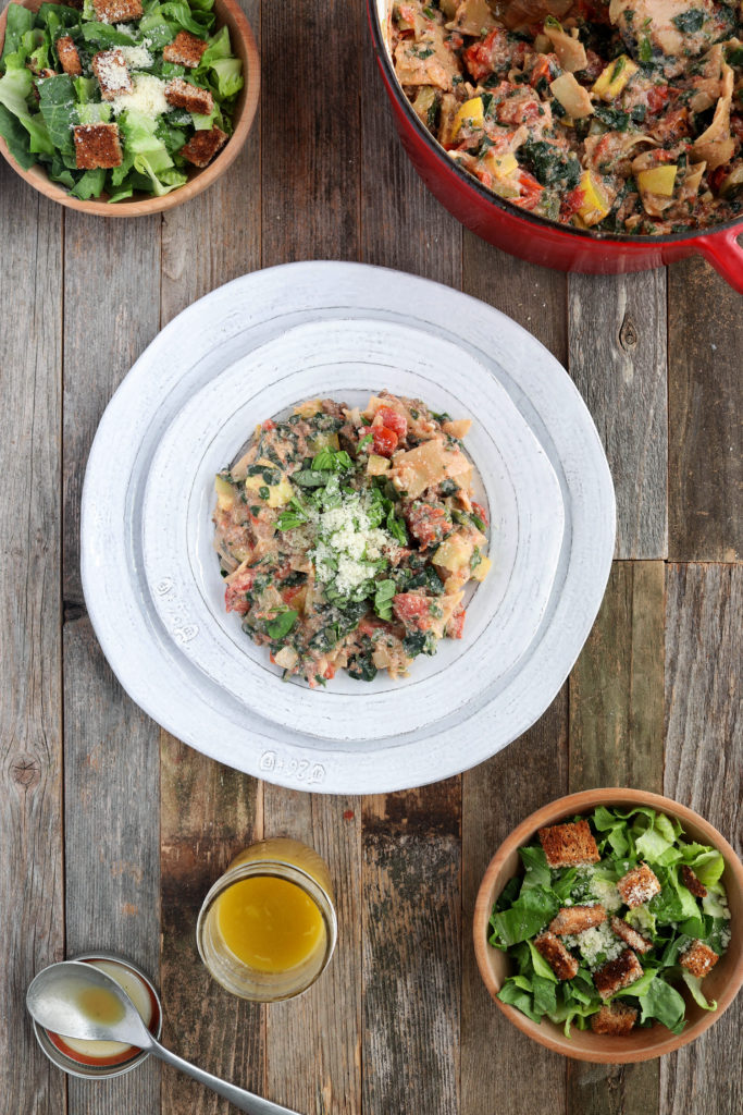 Simple, 3o-minute Summer Veggie Skillet Lasagna with turkey sausage, squash, zucchini and a creamy tomato sauce. All the taste of the traditional Italian favorite with half the effort.