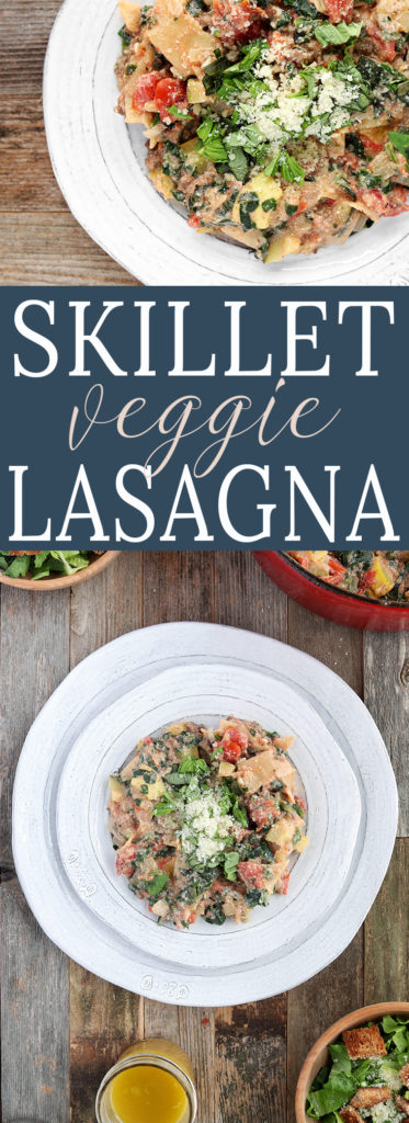 Simple, 3o-minute Summer Veggie Skillet Lasagna with turkey sausage, squash, zucchini and a creamy tomato sauce. All the taste of the traditional Italian favorite with half the effort.