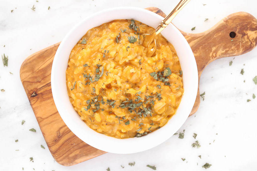 Fall inspired Roasted Butternut Squash Risotto (Vegan + GF) is creamy, savory, and the ultimate plant-based comfort food in a bowl.