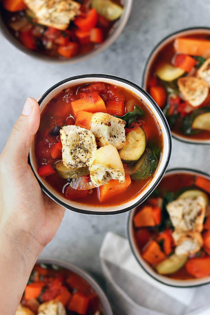 This Thick and Chunky Vegetable Soup is the perfect healthy lunch on a chilly Fall day. Fresh veggies, an assortment of spices, garlic, and chicken broth come together to create a soup that is nutrient dense and satisfyingly filling.
