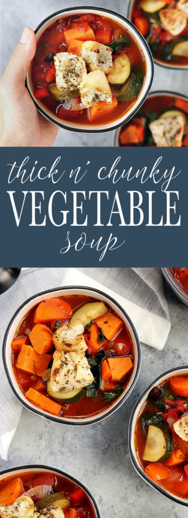This Thick and Chunky Vegetable Soup is the perfect healthy lunch on a chilly Fall day. Fresh veggies, an assortment of spices, garlic, and chicken broth come together to create a soup that is nutrient dense and satisfyingly filling.