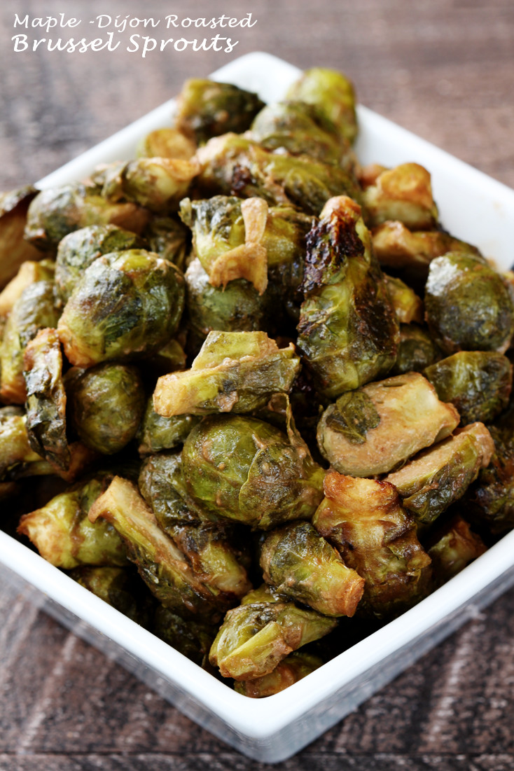 Maple-Dijon Roasted Brussel Sprouts can be prepped in 5 minutes and served at room temp. Perfect last minute addition for Turkey Day!
