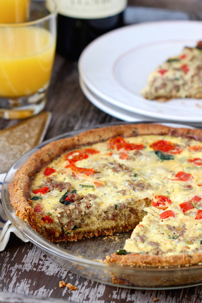 Sausage and Veggie Quiche with Almond Meal Crust - A delicious low-carb alternative to traditional crust! Homemade turkey sausage, seasonal veggies, and melty swiss cheese ... yes please!