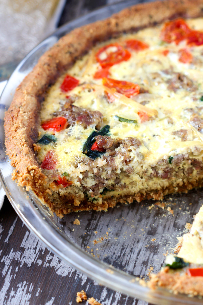 Sausage and Veggie Quiche with Almond Meal Crust - A delicious low-carb alternative to traditional crust! Homemade turkey sausage, seasonal veggies, and melty swiss cheese ... yes please!