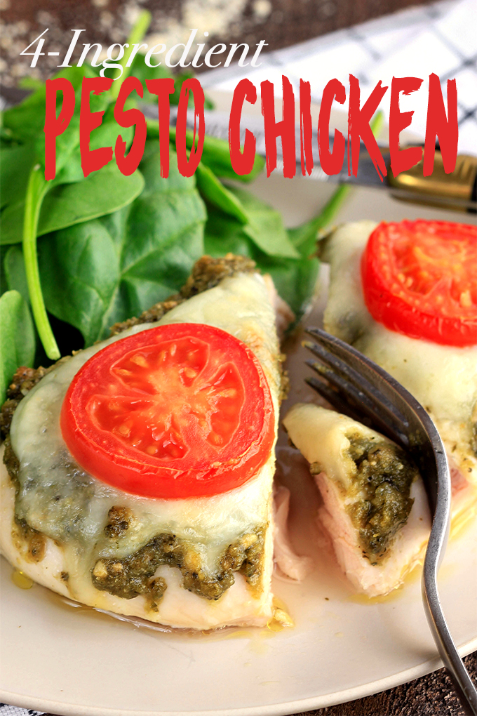 4 Ingredient Pesto Chicken Bake is healthy, simple,delicious and requires just 5-minutes prep. Juicy chicken topped with fresh pesto, melty mozzarella and topped with vine ripened tomatoes.