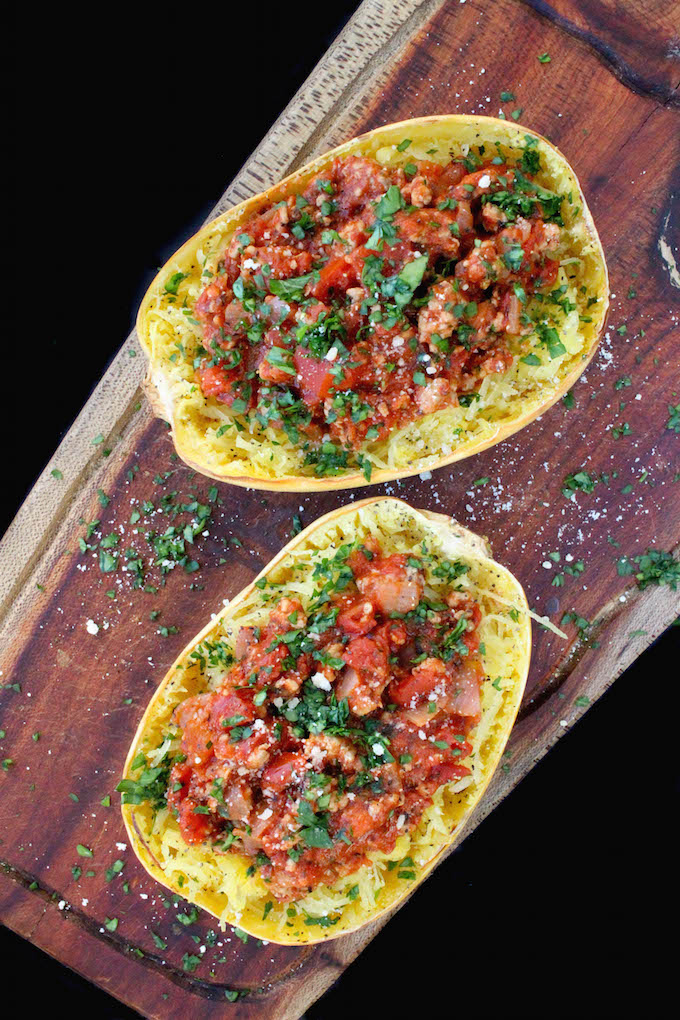 Spaghetti Squash with Healthy Meat Sauce is as satisfying as traditional spaghetti and meatballs without the carbs and calories.