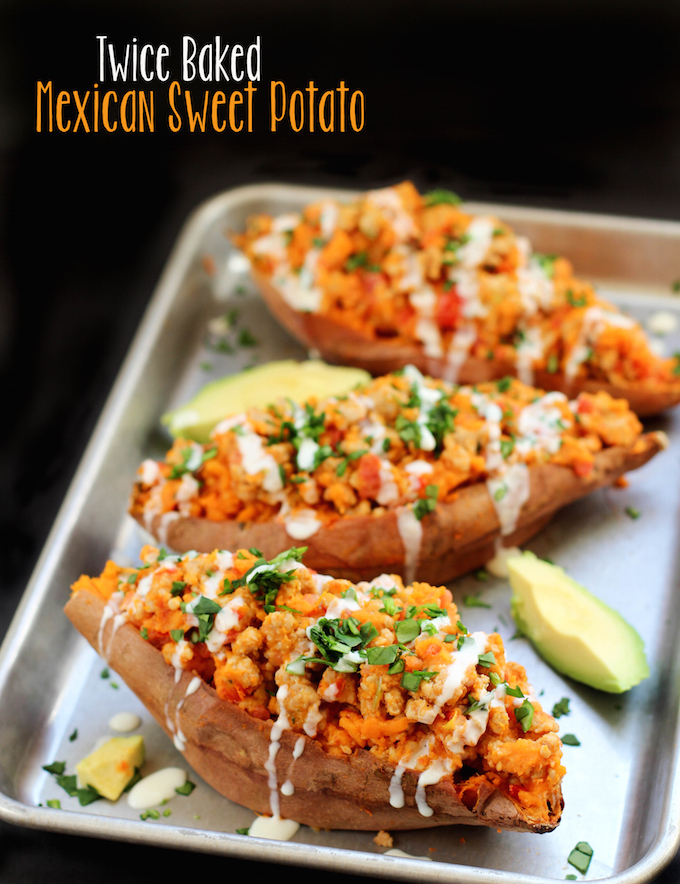  Twice Baked Mexican Sweet Potatoes are gluten/dairy free and  filled to the brim with black beans, seasoned chicken, and spicy pico. Top them with endless amounts of yummy stuff (avocado, melty cheese, sour cream, chunky salsa) and you've got a healthy whole food dinner that comes together in a way that won't disappoint.
