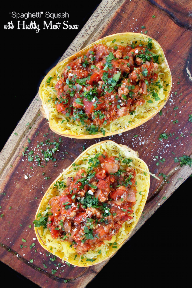 Spaghetti Squash with Healthy Meat Sauce is as satisfying as traditional spaghetti and meatballs without the carbs and calories.