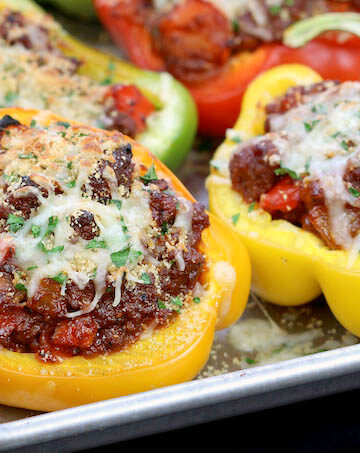 BBQ Burger Stuffed Bell Peppers are refined sugar free, made from whole food ingredients and are freezable!