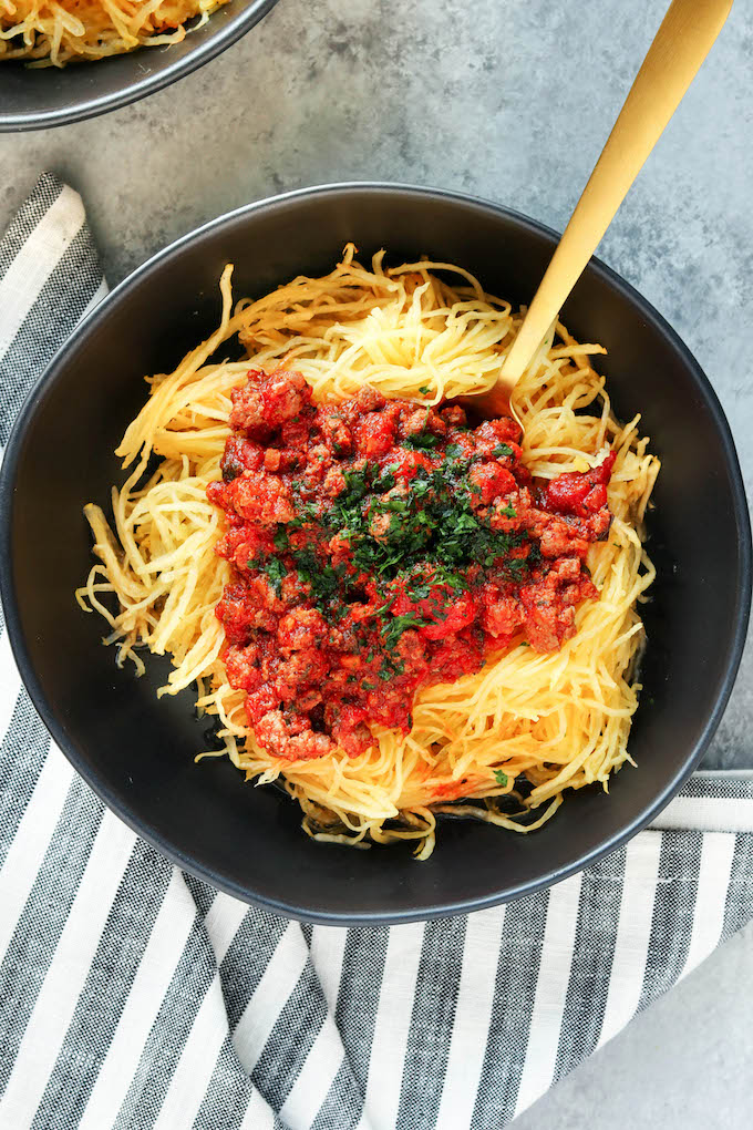 Spaghetti Squash with Meat Sauce in a bowl.