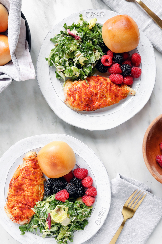 3-Ingredient Hummus Crusted Chicken step 1. Season the chicken.