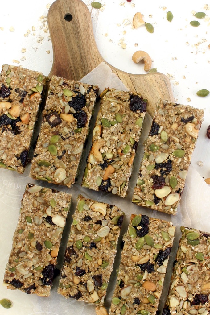 Cherry Cashew Granola Bars are simple, vegan, gluten free, and loaded with cashews, almonds, healthy seeds and dried cherries.