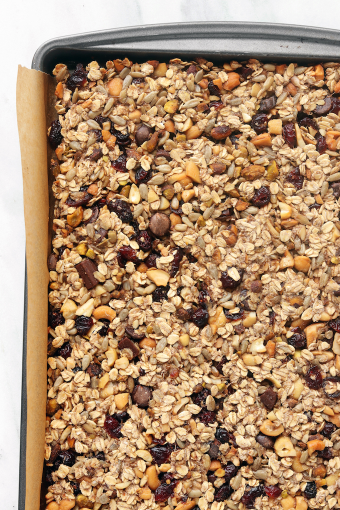 Cherry Cashew Granola Bars are simple, vegan, gluten free, and loaded with cashews, almonds, healthy seeds and dried cherries.
