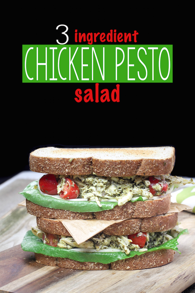 Easy 3 Ingredient chicken salad made with pesto and shredded chicken and made creamy with a dollop of Greek yogurt. A simple, healthy and flavorful twist on a traditional classic. 