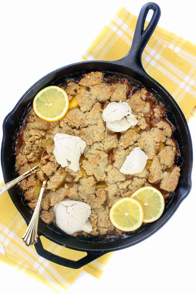 Simple Peach Cobbler (V,GF) is easy, requiring just 15 minutes prep. Sweet yellow peaches tossed with a slurry of lemon juice and coconut sugar and topped with a crunchy golden crust.