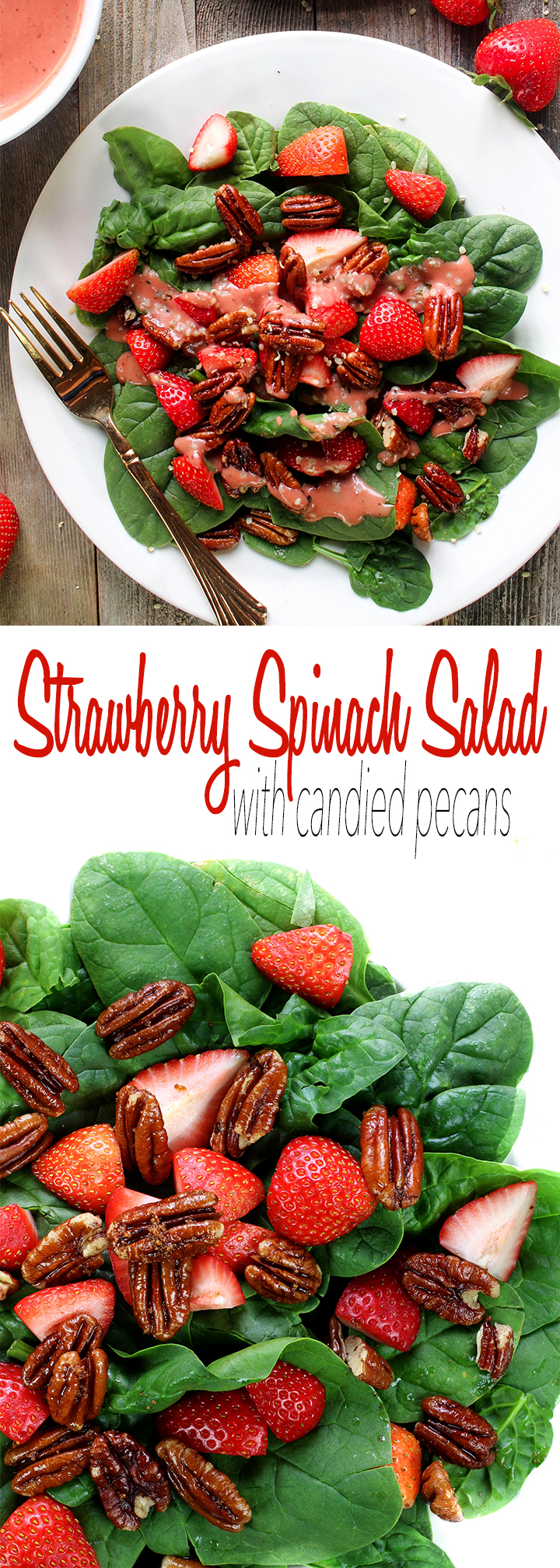 A simple spinach salad with loads of crunchy sweet pecans and fresh juicy strawberries, all dressed in a homemade tangy-sweet creamy vegan dressing.