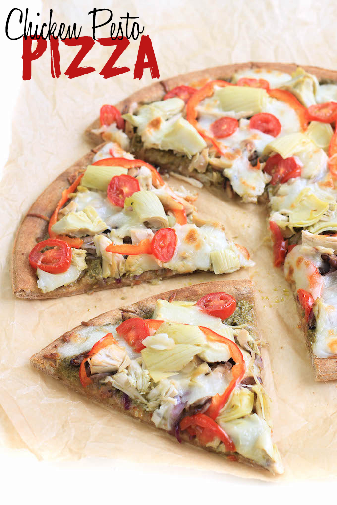 Whole wheat lavash bread, topped with creamy basil pesto sauce, seasoned chicken, garden fresh heirloom tomatoes, caramelized onions, zesty artichokes, and melted mozzarella cheese... AKA Chicken Pesto Pizza??? #wholegrain #realfood #easy