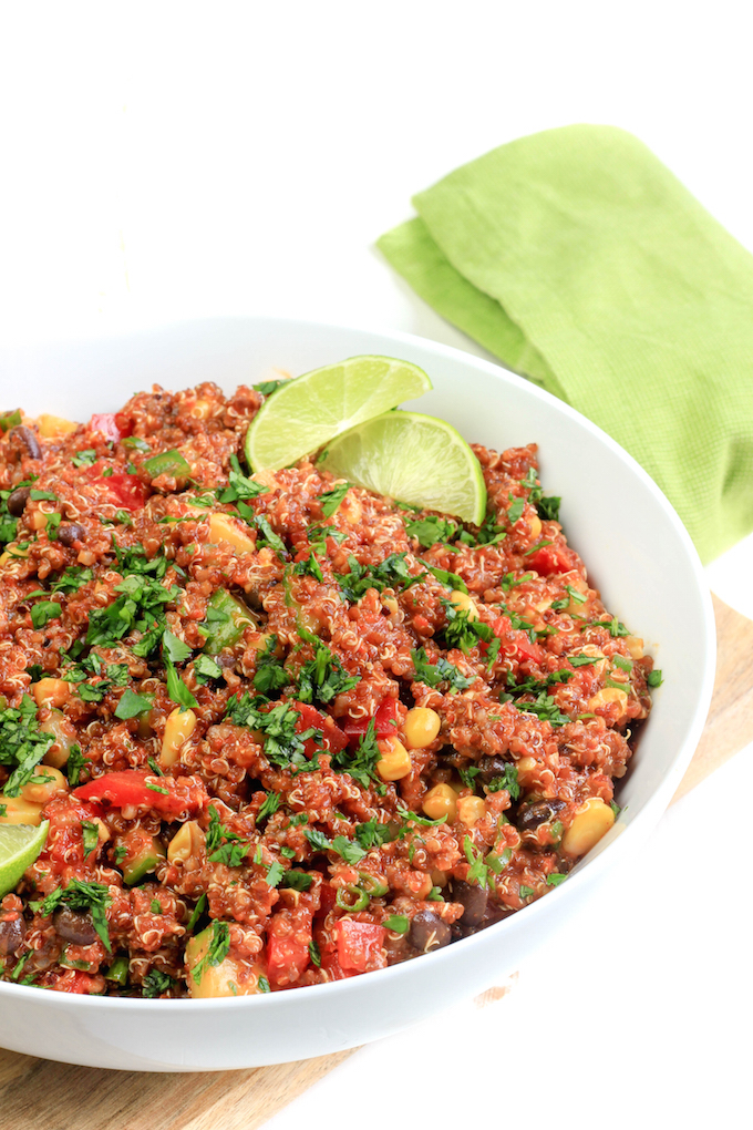 Simple Southwestern Quinoa Salad with Roasted Red Pepper Dressing is loaded with fiber, protein and big on flavor. A healthy vegan and gluten-free lunch or dinner option that won't disappoint.