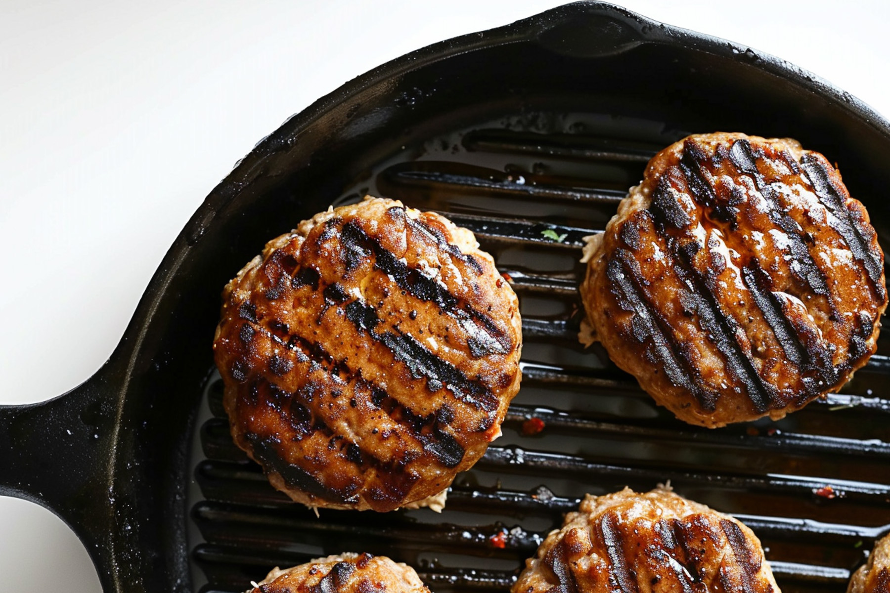 uicy turkey burger patties sizzling in a black cast iron grill pan with golden grill marks starting to form.uicy turkey burger patties sizzling in a black cast iron grill pan with golden grill marks starting to form.v