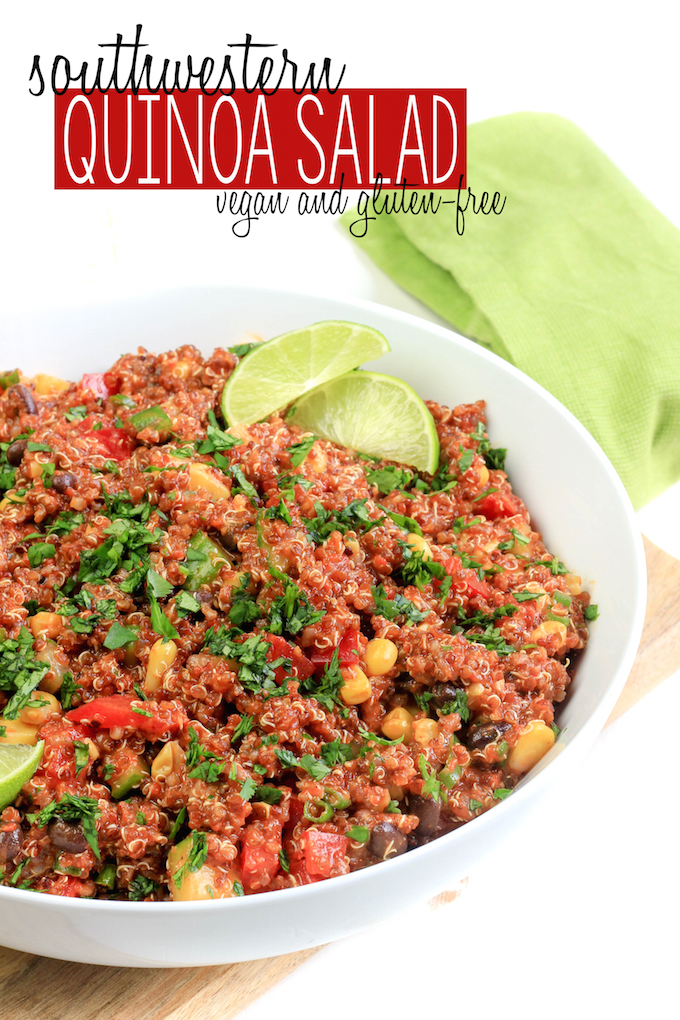 Simple Southwestern Quinoa Salad with Roasted Red Pepper Dressing is loaded with fiber, protein and big on flavor. A healthy vegan and gluten-free lunch or dinner option that won't disappoint.