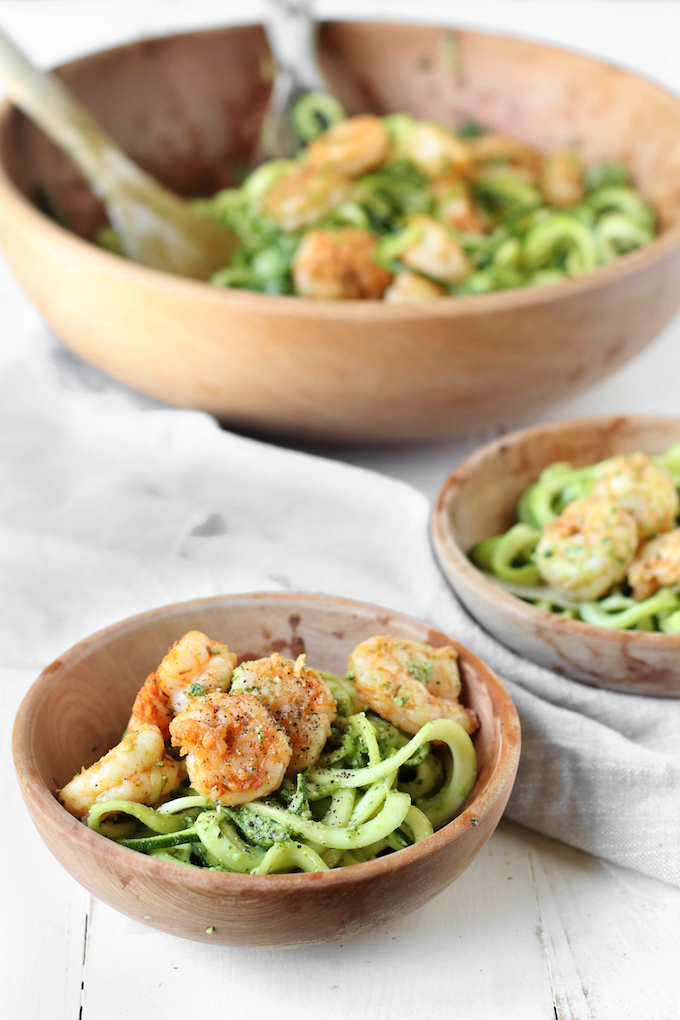 20 Minute Pesto Zucchini Noodles with Cajun Shrimp. A light whole-food Summertime throw-together meal, requiring just 20 minutes and 1 pan.