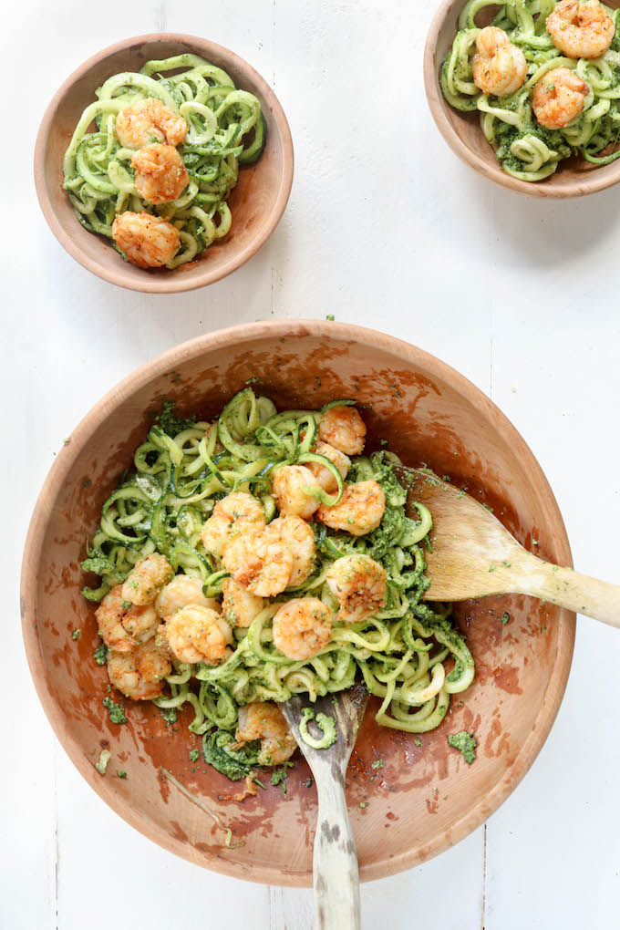 20 Minute Pesto Zucchini Noodles with Cajun Shrimp. A light whole-food Summertime throw-together meal, requiring just 20 minutes and 1 pan.