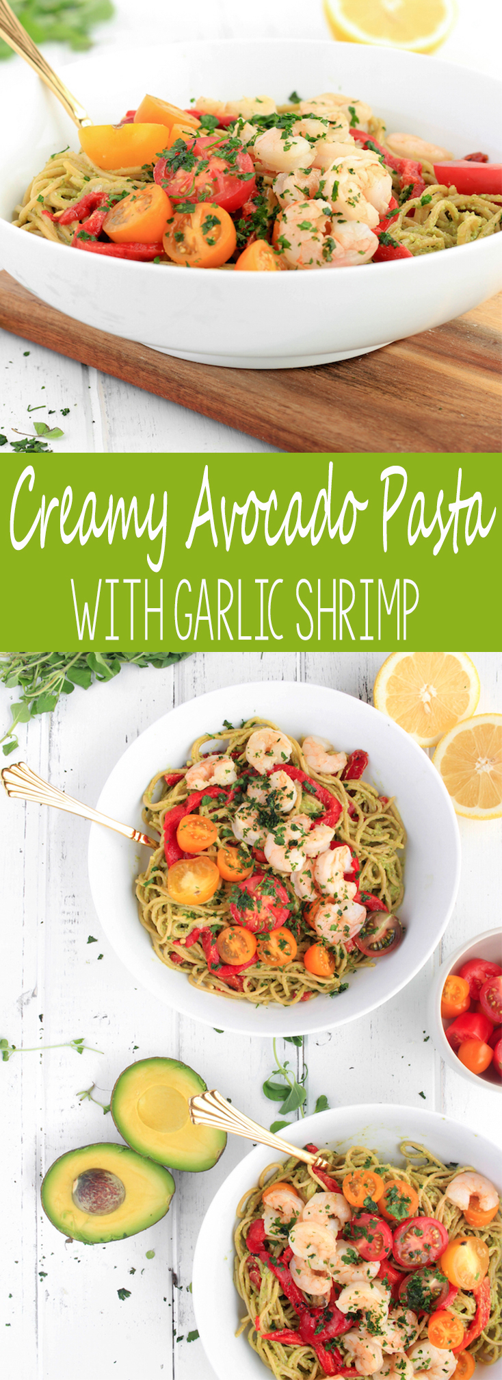 Creamy Avocado Pasta with Garlic Shrimp made with just 10 ingredients! Savory, simple and healthy - perfect for a satisfying weeknight meal.