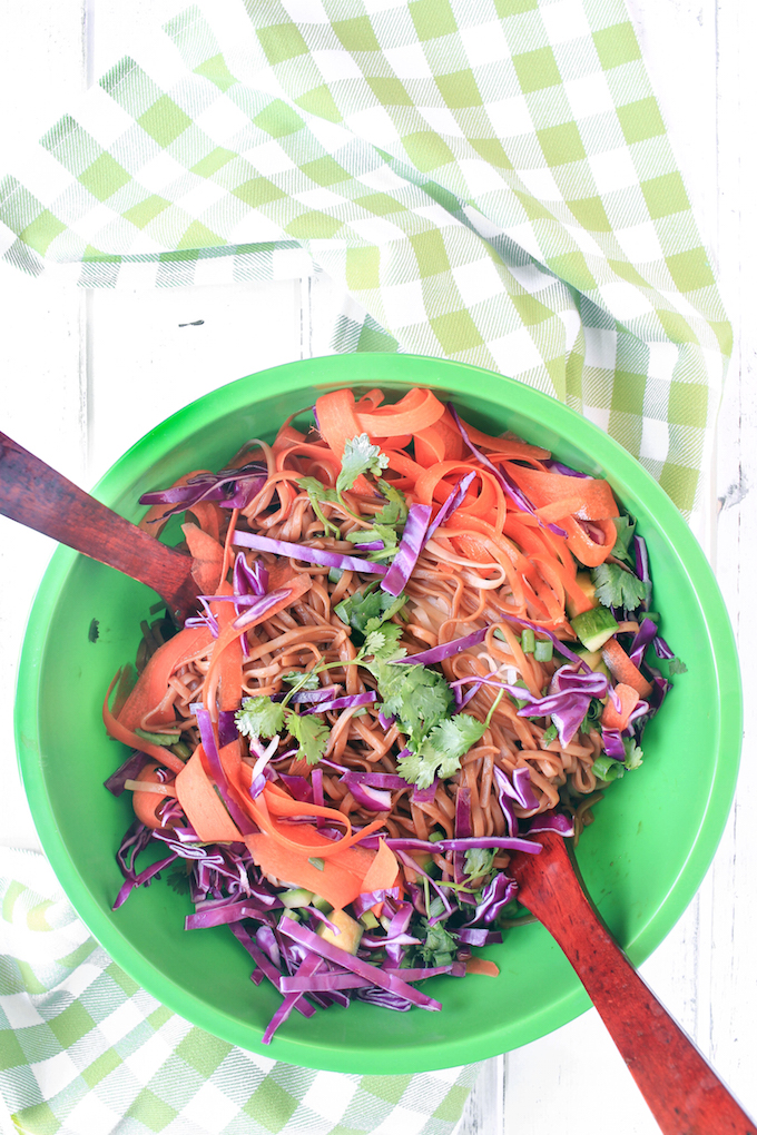 20 minute Asian Noodle Salad with rice noodles, fresh veggies, and crunchy peanuts. A flavorful, healthy, satisfying plant-based side dish.