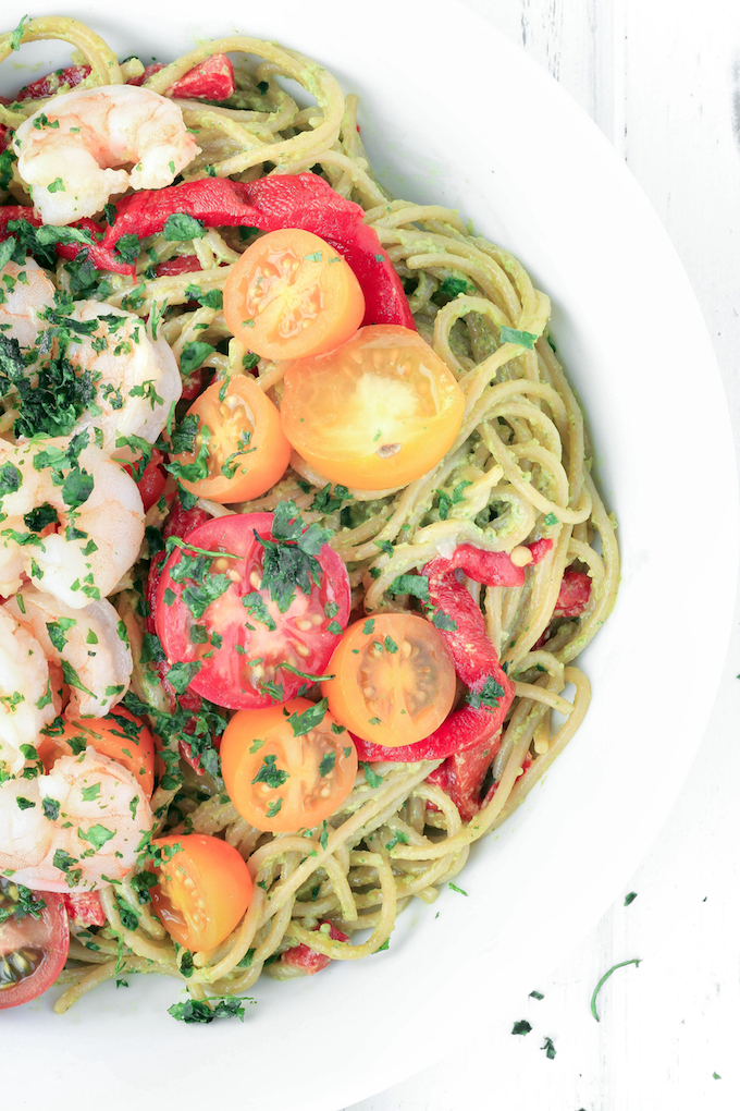 Creamy Avocado Pasta with Garlic Shrimp made with just 10 ingredients! Savory, simple and healthy - perfect for a satisfying weeknight meal.