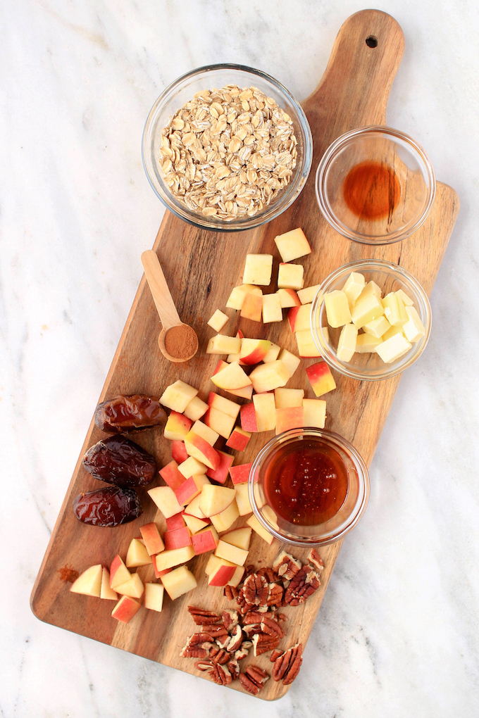  Maple Pecan Stuffed Apples are naturally sweetened and made in 1-bowl. Apples are generously stuffed with oats, pecans, dates and cinnamon, butter, vanilla and cinnamon and then baked until soft and gooey. They make the perfect Fall dessert.