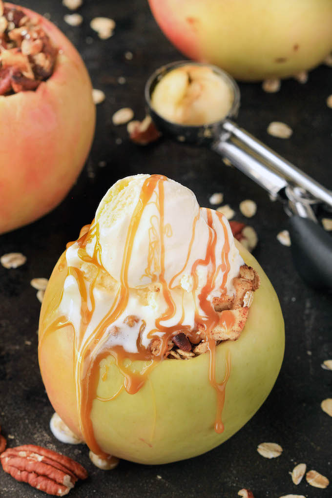  Maple Pecan Stuffed Apples are naturally sweetened and made in 1-bowl. Apples are generously stuffed with oats, pecans, dates and cinnamon, butter, vanilla and cinnamon and then baked until soft and gooey. They make the perfect Fall dessert.