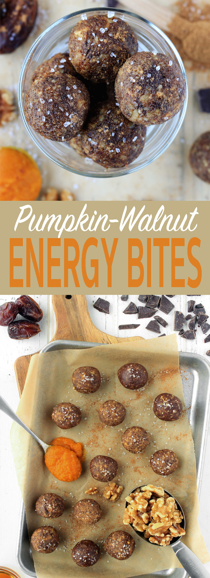 Easy no-bake, 6-ingredient pumpkin walnut energy bites made with real food ingredients like walnuts, dates and pumpkin. #freezable #makeahead #vegan #glutenfree