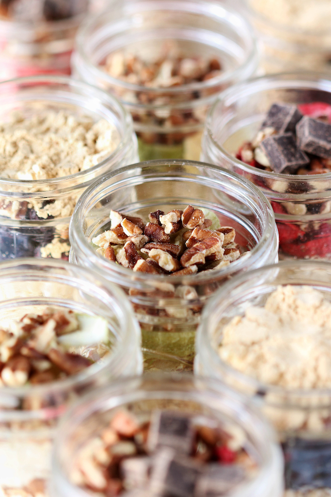Instant Oatmeal Jars arranged on a white marble countertop.