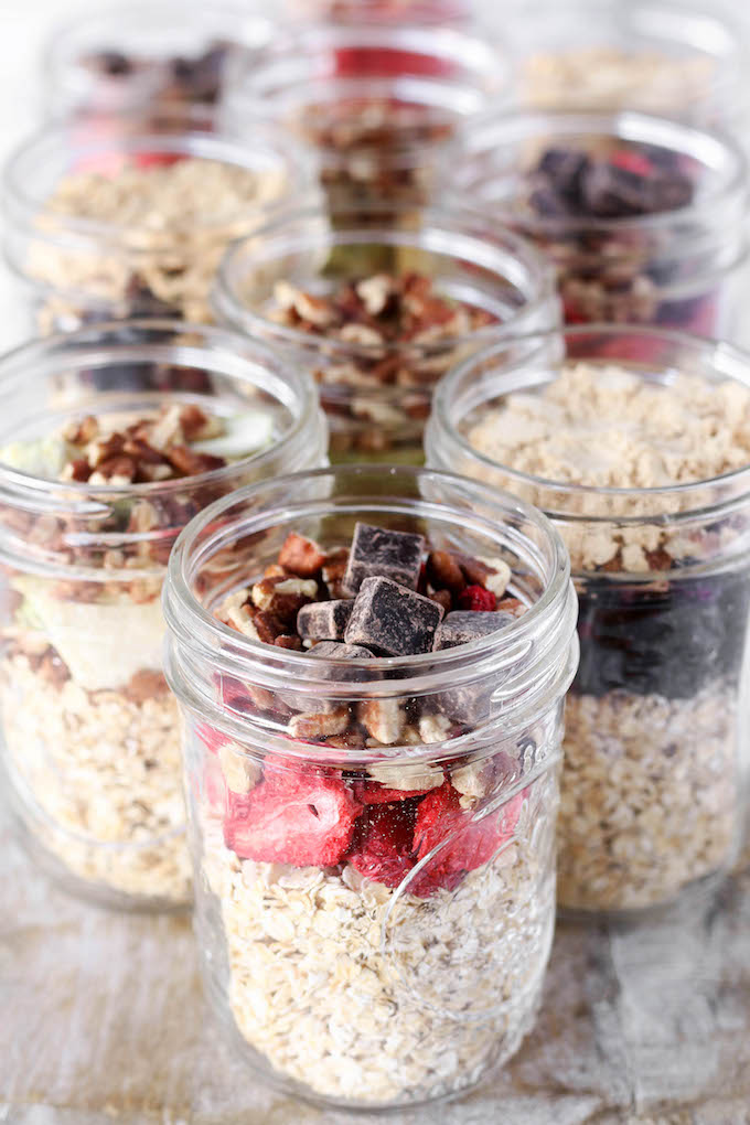 Instant Oatmeal Jars arranged on a white marble countertop.