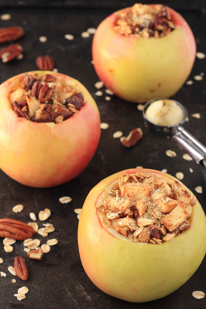  Maple Pecan Stuffed Apples are naturally sweetened and made in 1-bowl. Apples are generously stuffed with oats, pecans, dates and cinnamon, butter, vanilla and cinnamon and then baked until soft and gooey. They make the perfect Fall dessert.
