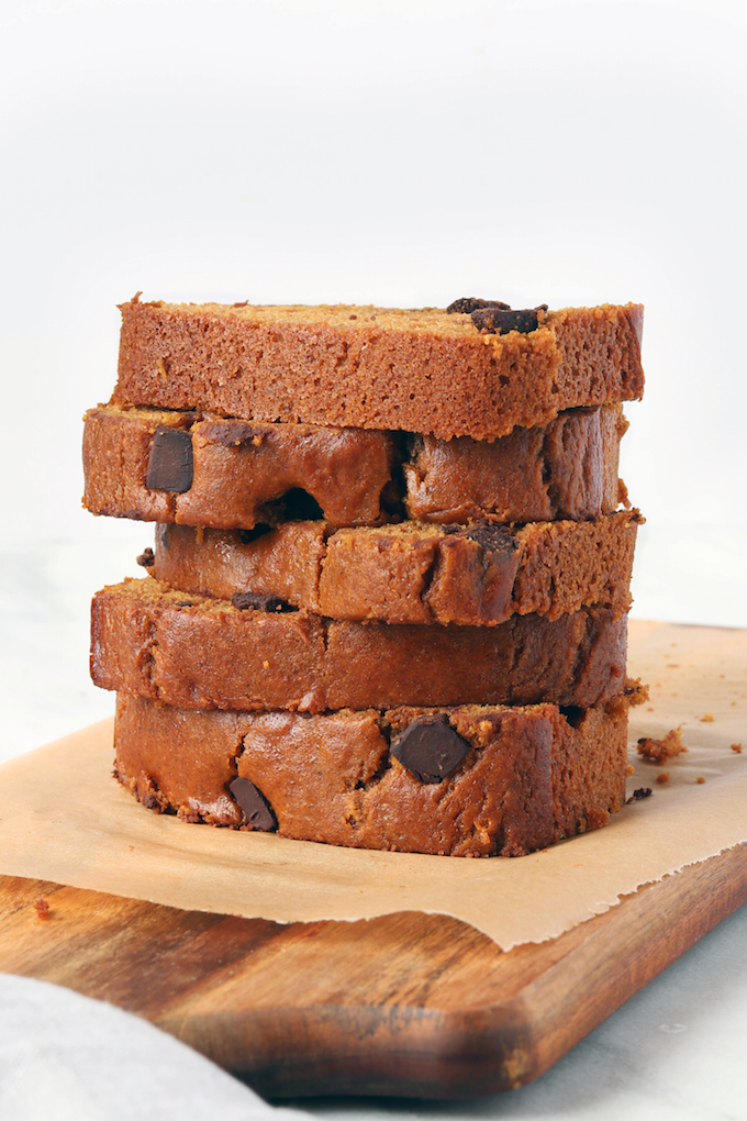 A simple One Bowl Chocolate Chip Pumpkin Bread that's easy to make, super most and hearty and perfectly sweet thanks to maple syrup and honey.