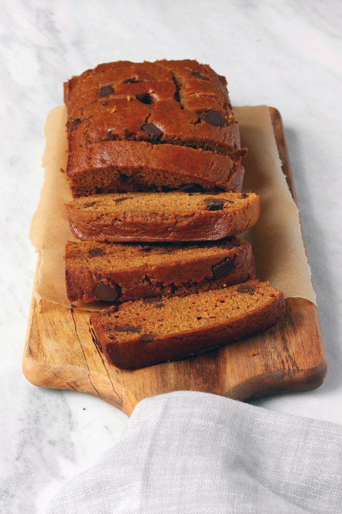 A simple One Bowl Chocolate Chip Pumpkin Bread that's easy to make, super most and hearty and perfectly sweet thanks to maple syrup and honey. 