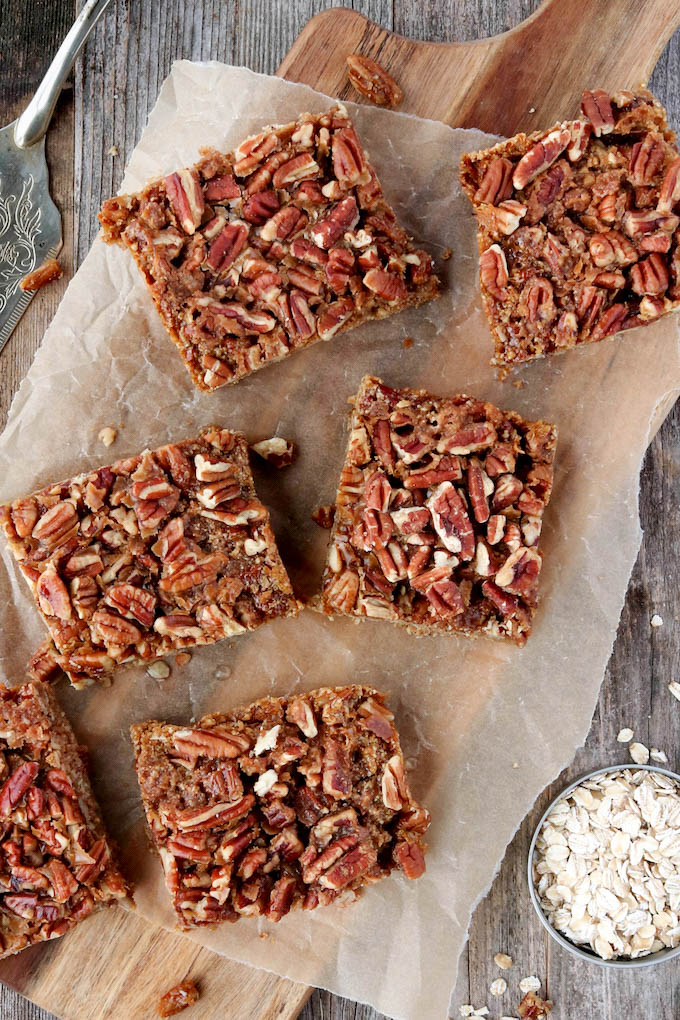 Simple Pecan Pie Slabs are ridiculously simple to make. Whole-Food Friendly, gluten-free, and loaded with crunchy nuts. A fun twist on a classic Southern staple.