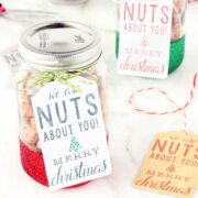 Honey Roasted Almonds in glass jar with gift tag.