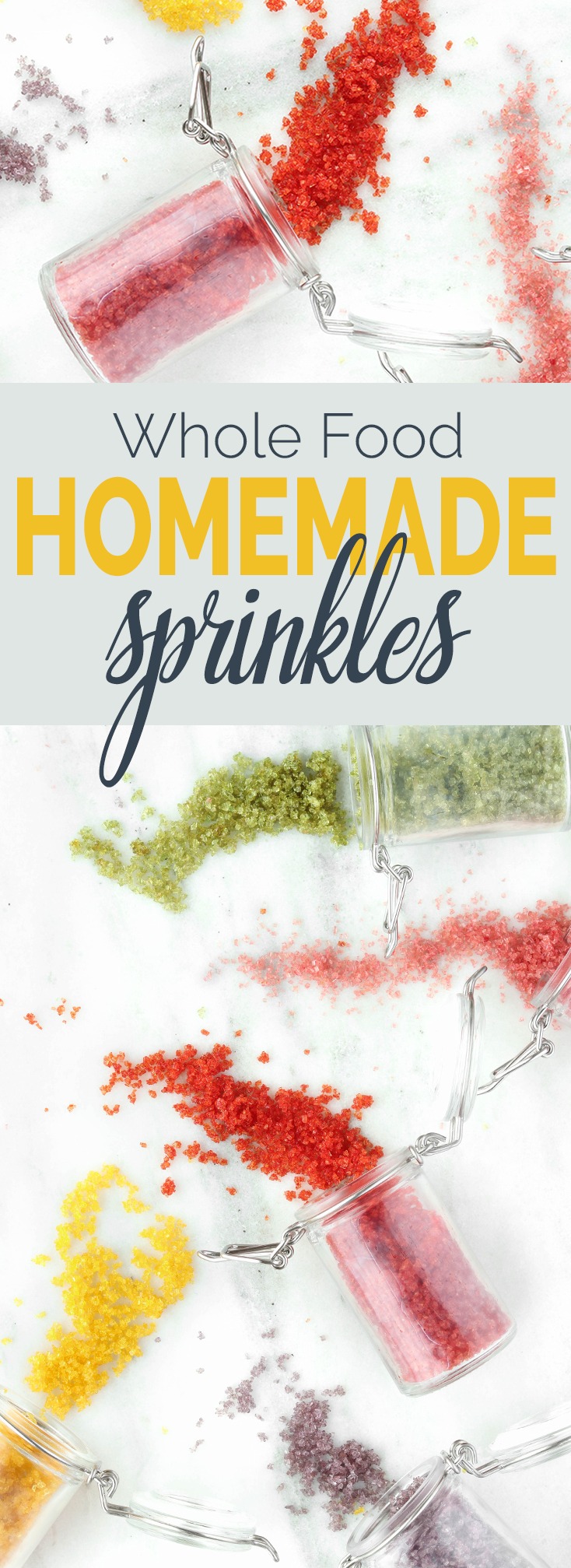 Homemade Whole Food Sprinkles are simple to make, requiring just 2 ingredients and about 5 minutes prep time. Skip the junky additives and chemicals and go all natural, nobody will even notice. Promise.