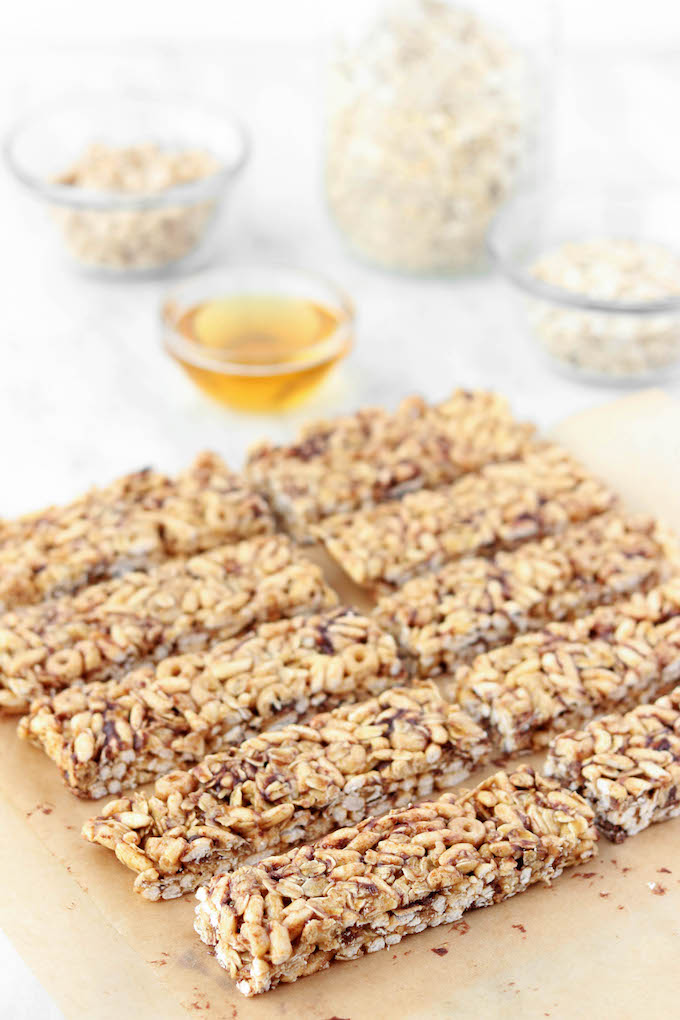 These Healthy No-Bake Cereal Bars for kids are simple to make, requiring just 6 ingredients. Whole-grains, protein and plenty of fiber make them the perfect whole-food grab n' go breakfast option for busy mornings.