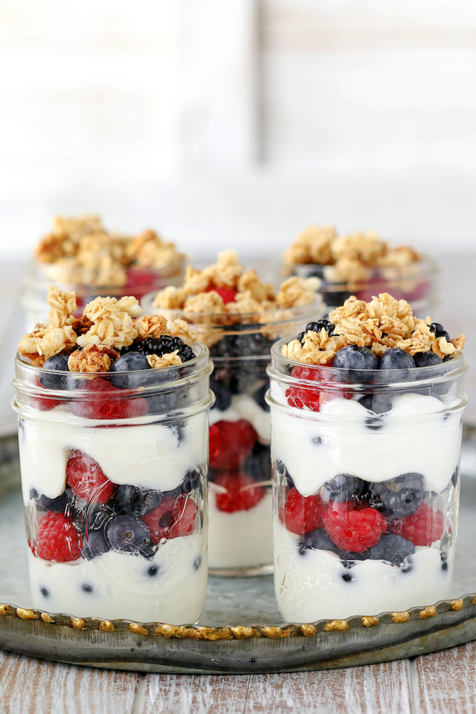 Make Ahead Fruit and Yogurt Parfaits on a silver tray.