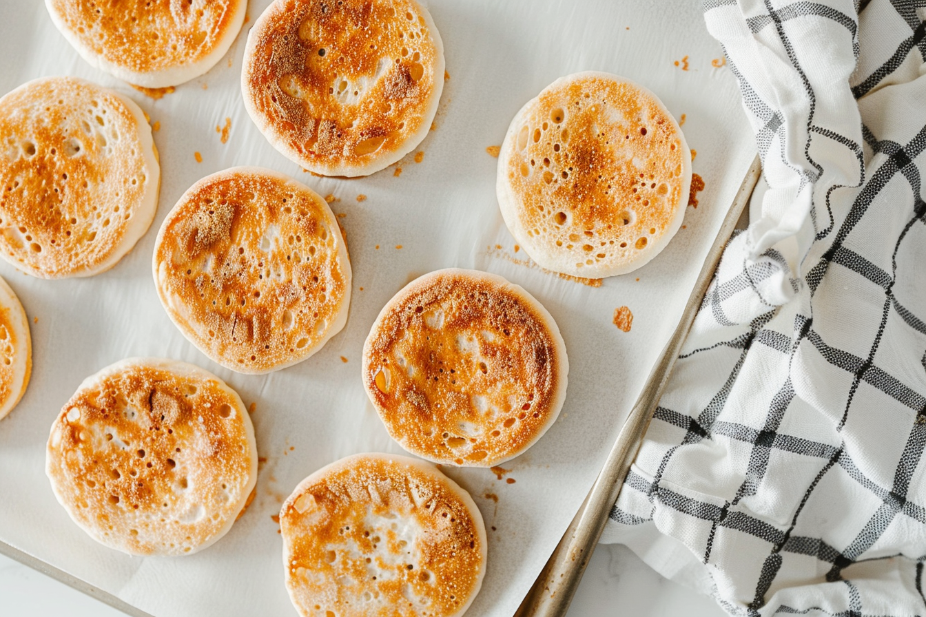 Lightly toasted English muffin halves arranged cut-side-up on a parchment-lined baking sheet, ready to assemble into freezer breakfast sandwiches, bright white kitchen background.