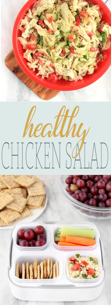 Healthy Chicken Salad.. all of the flavor, less of the mayo! Seasoned chicken, fresh herbs and a simple yogurt-based dressing. Paired with whole-grain crackers, fresh grapes and crispy veggie sticks.