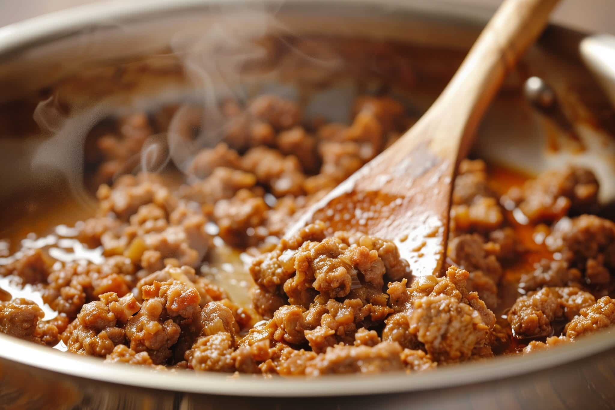Close-up of Italian sausage browning in a stainless steel skillet, broken into small pieces and stirred with a wooden spoon, with steam rising from the pan.