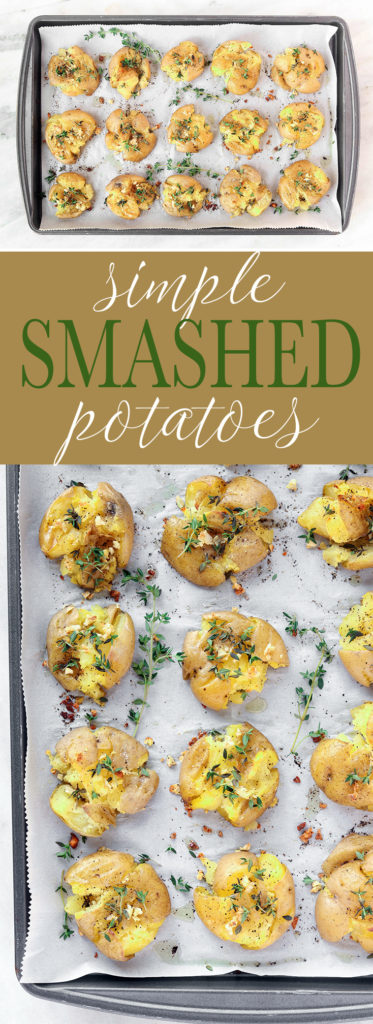 Simple Garlic Smashed Potatoes are the perfect throw dish for busy weeknights. Tender golden potatoes are smashed, topped with olive oil, garlic and thyme and then roasted until crispy. A delicious gluten-free and vegan appetizer or side dish!