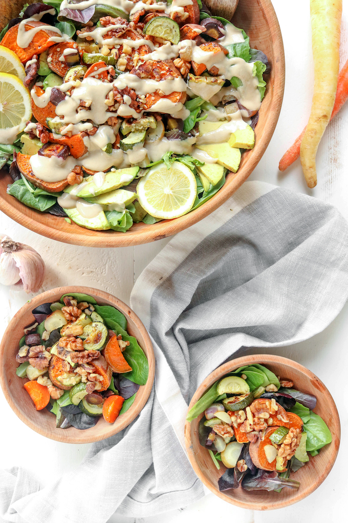 Simple, flavorful Lemon Tahini Bliss Bowls are an amazingly hearty with creamy avocados, perfectly roasted veggies, crispy walnuts and a creamy tahini-based dressing. A healthy plant-based meal.